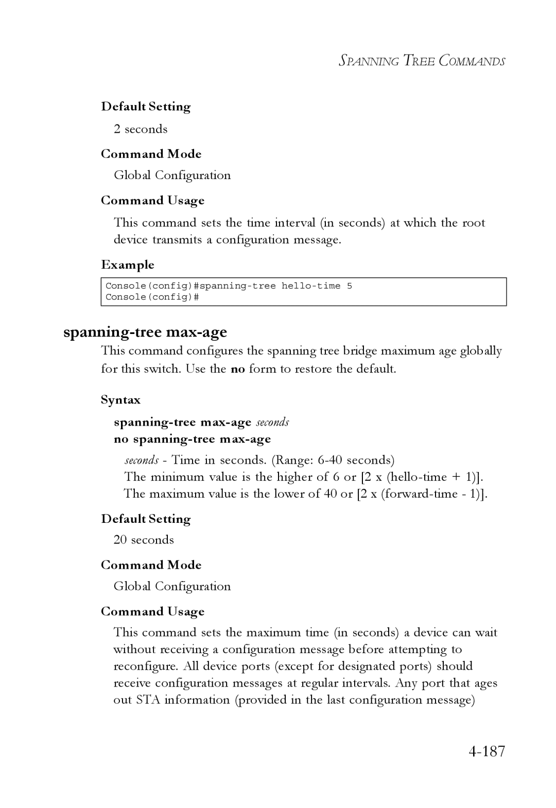 SMC Networks SMC6752AL2 manual Spanning-tree max-age, 187 