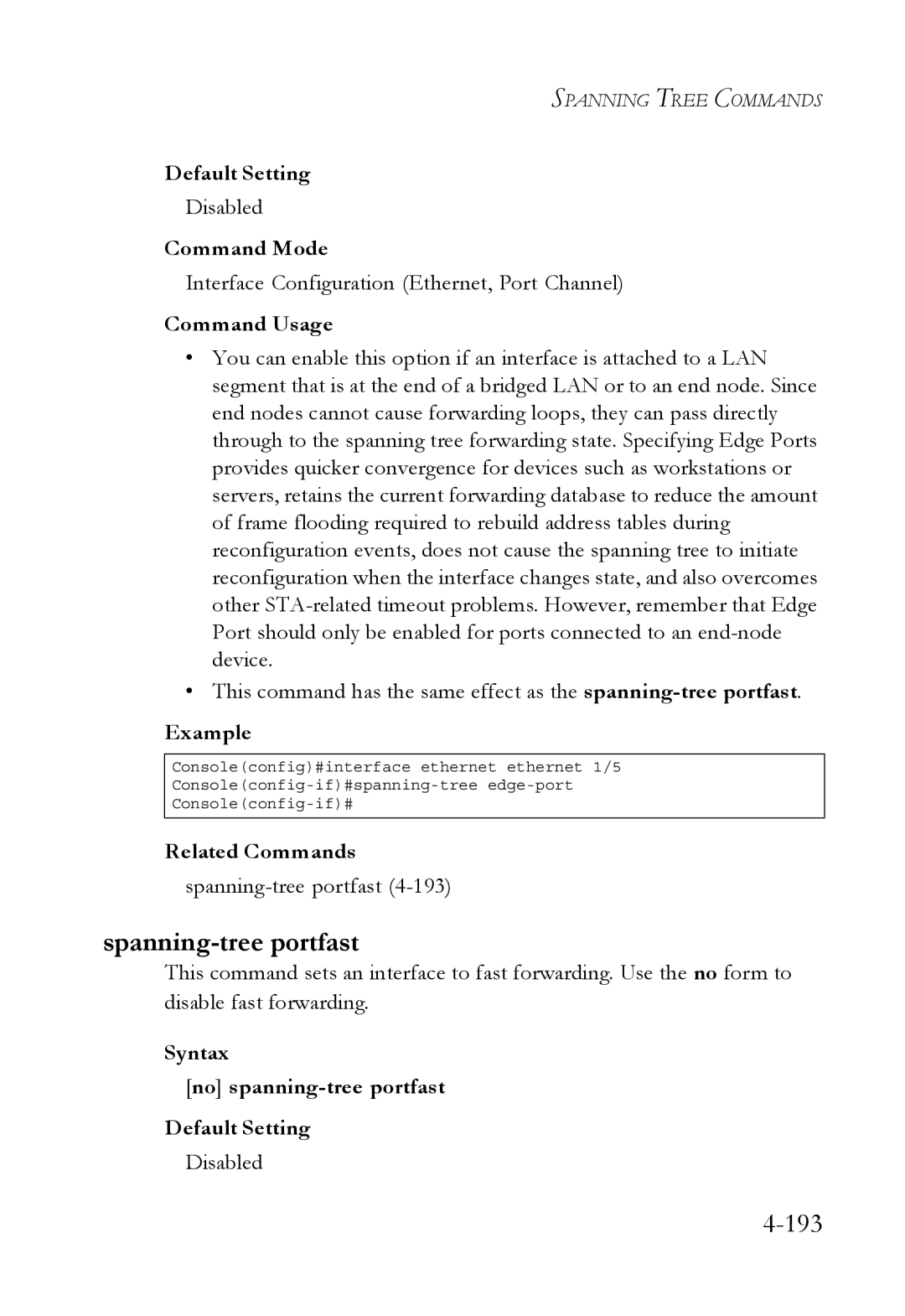 SMC Networks SMC6752AL2 manual Spanning-tree portfast, 193, Syntax No spanning-tree portfast Default Setting 