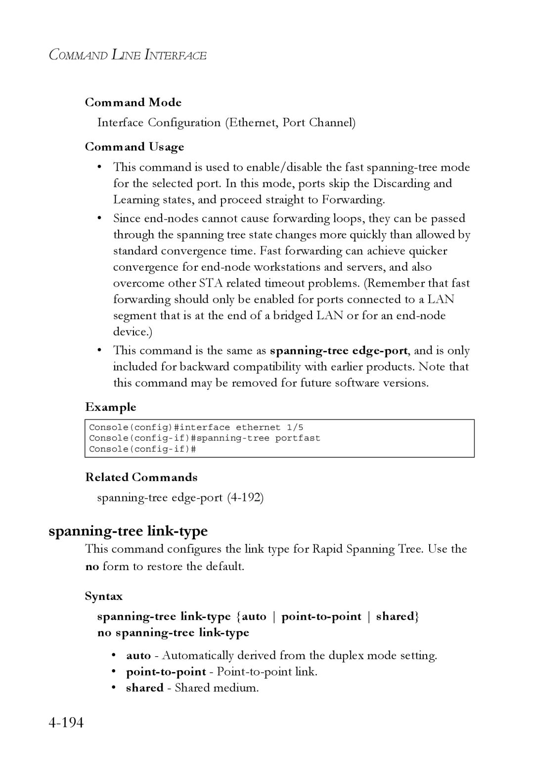 SMC Networks SMC6752AL2 manual Spanning-tree link-type, 194, Spanning-treeedge-port4-192 