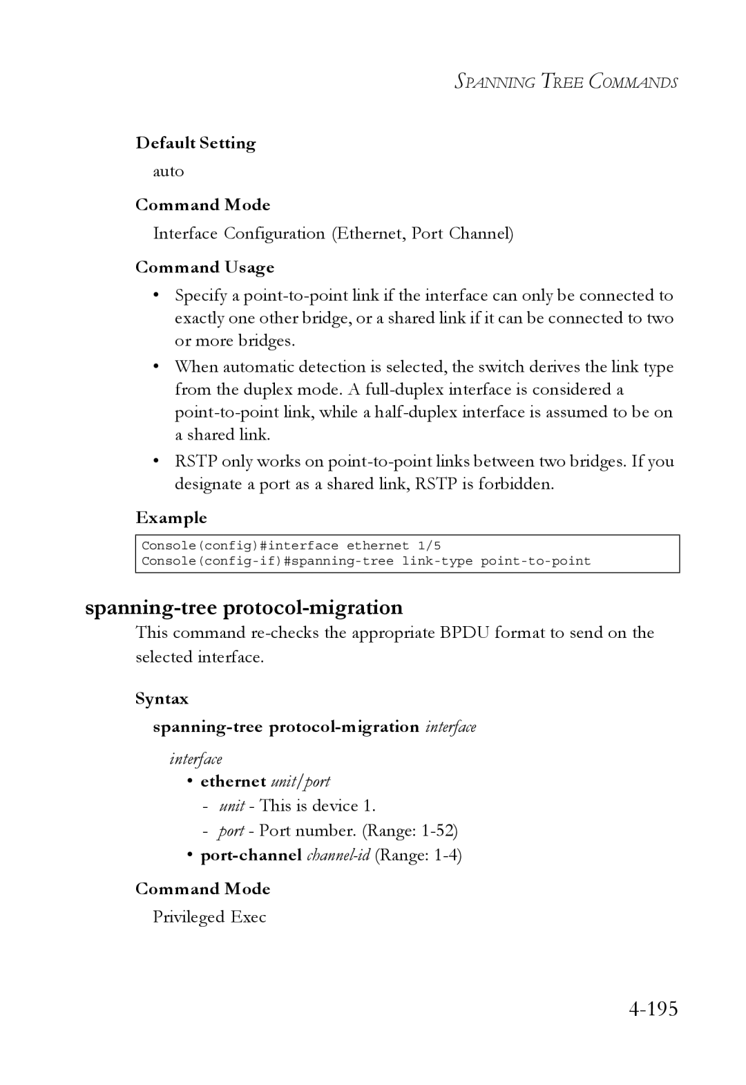 SMC Networks SMC6752AL2 manual 195, Auto, Syntax Spanning-tree protocol-migration interface 