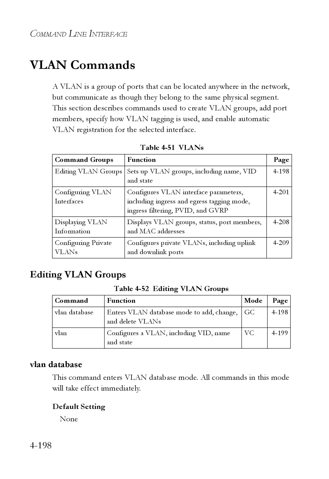 SMC Networks SMC6752AL2 manual Vlan Commands, Editing Vlan Groups, 198, Vlan database 