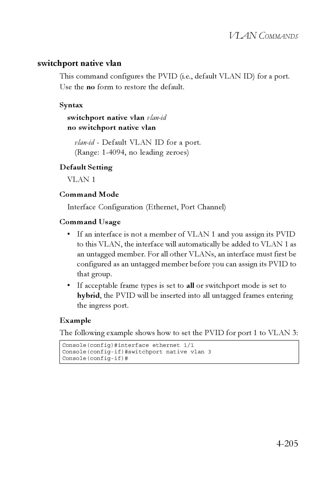 SMC Networks SMC6752AL2 manual 205, Switchport native vlan 