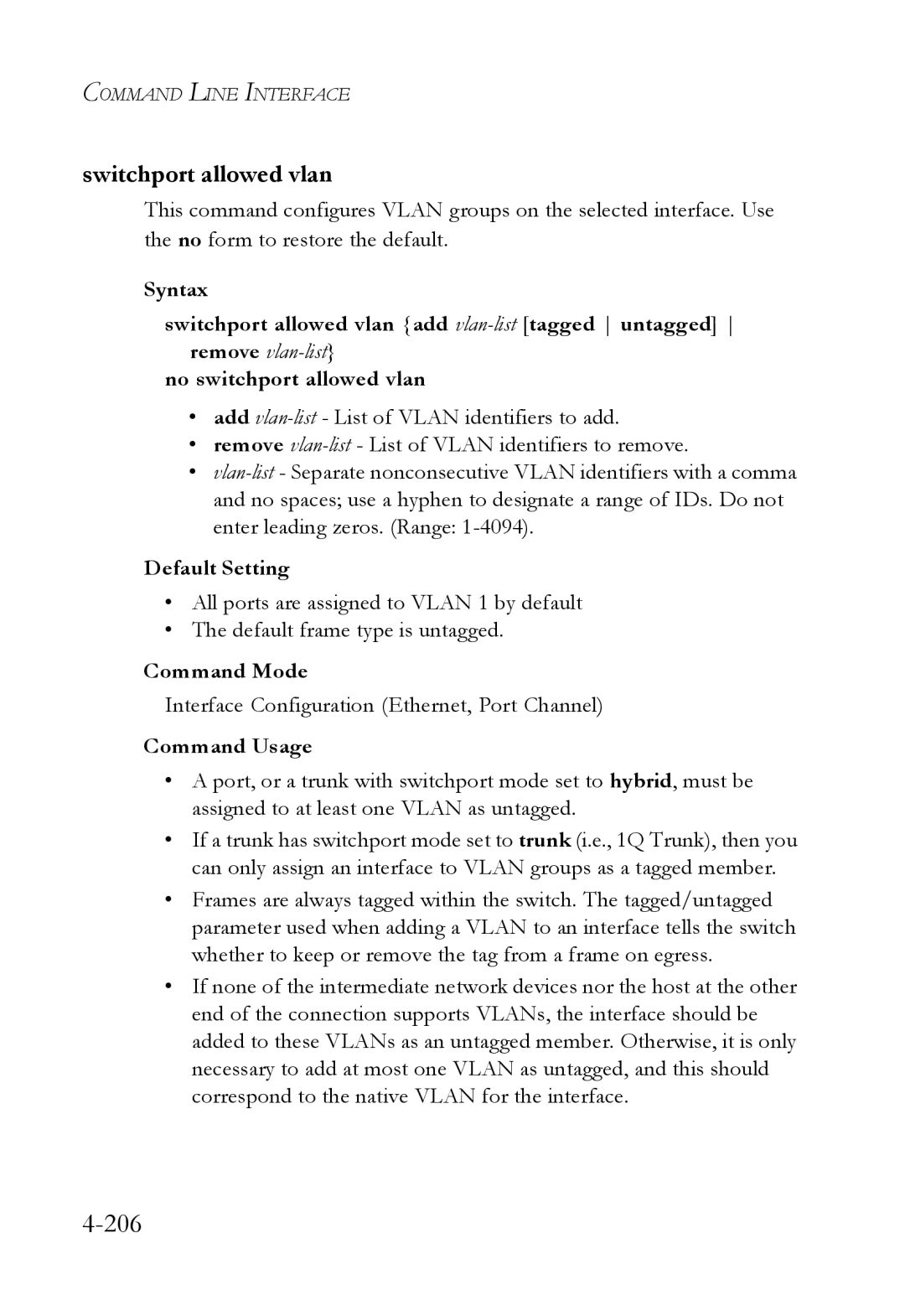 SMC Networks SMC6752AL2 manual 206, Switchport allowed vlan 