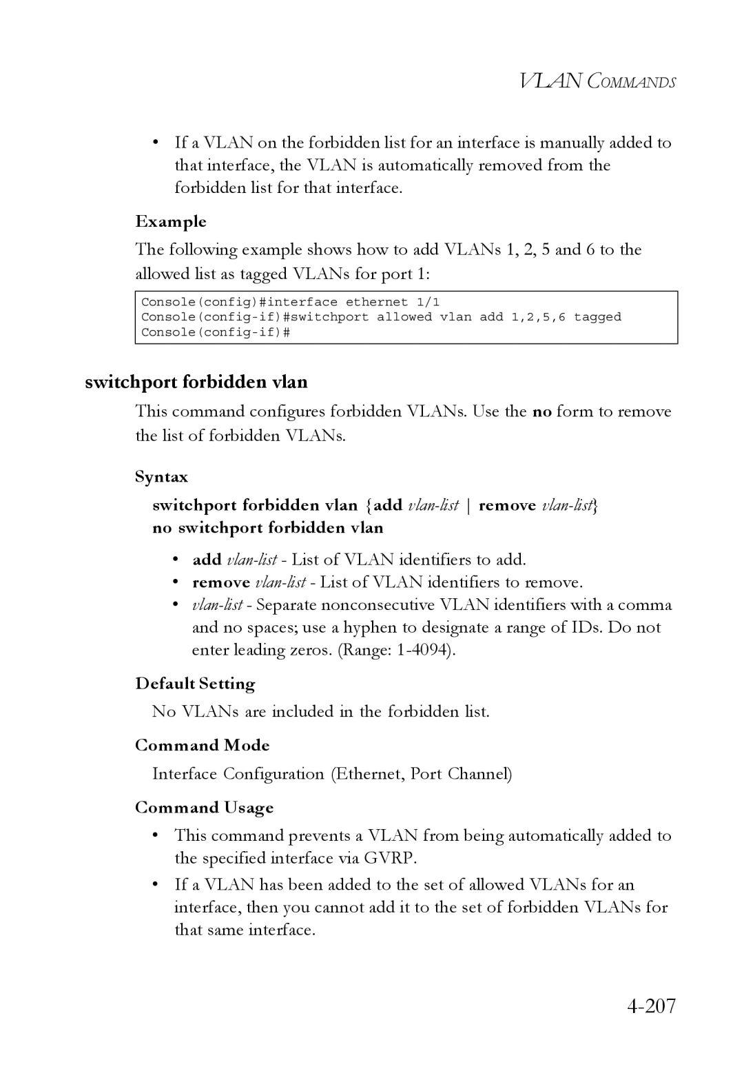 SMC Networks SMC6752AL2 manual 207, Switchport forbidden vlan, No VLANs are included in the forbidden list 