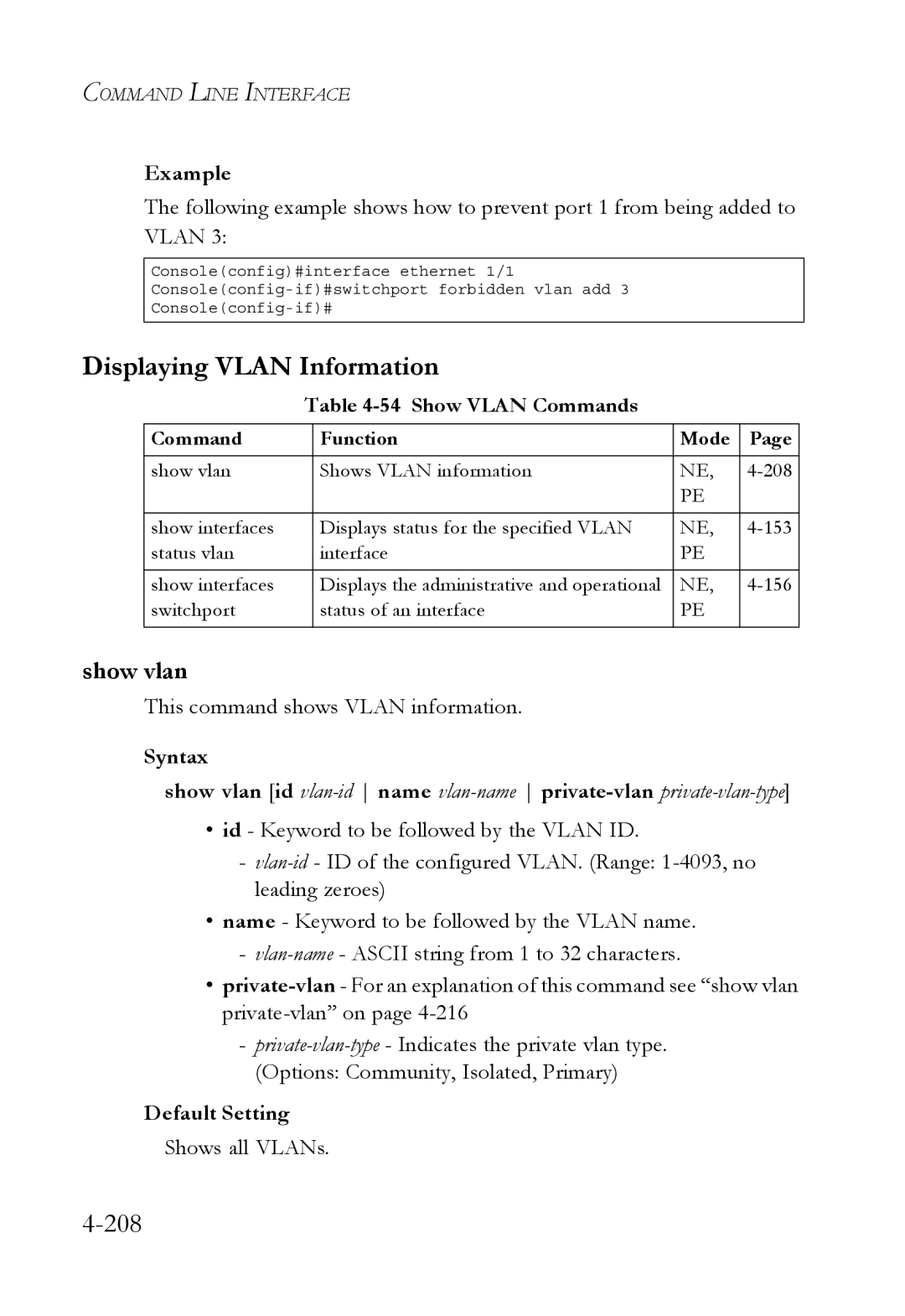 SMC Networks SMC6752AL2 manual Displaying Vlan Information, 208, Show vlan, Show Vlan Commands 