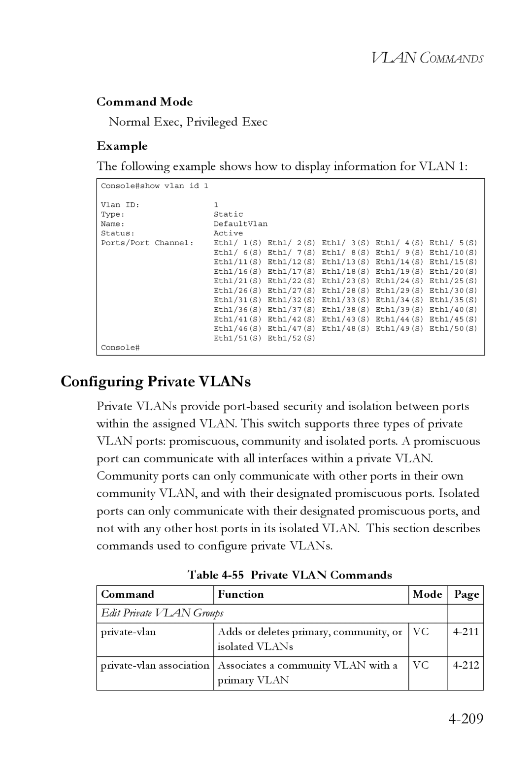 SMC Networks SMC6752AL2 manual Configuring Private VLANs, 209, Following example shows how to display information for Vlan 