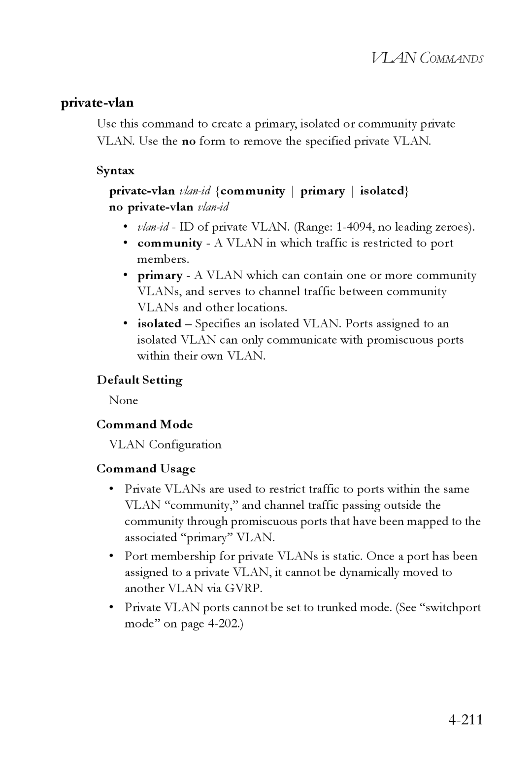 SMC Networks SMC6752AL2 manual 211, Private-vlan, Vlan Configuration 