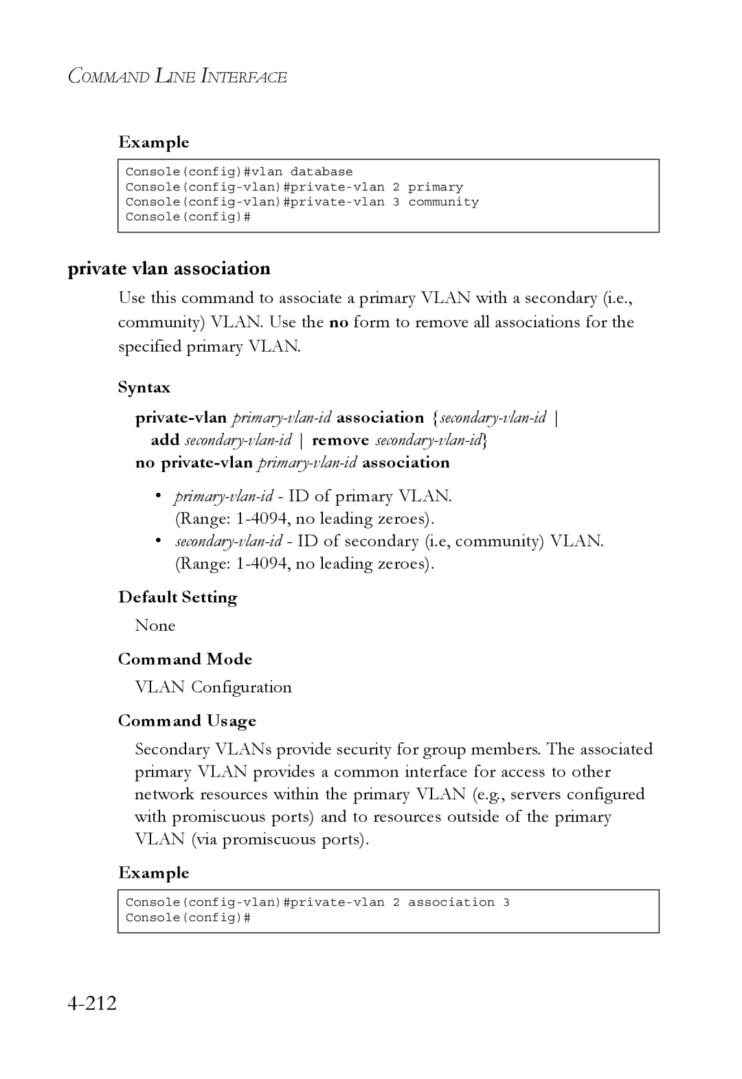 SMC Networks SMC6752AL2 manual 212, Private vlan association, No private-vlan primary-vlan-idassociation 