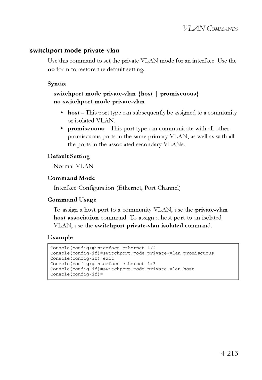 SMC Networks SMC6752AL2 manual 213, Switchport mode private-vlan, Normal Vlan 