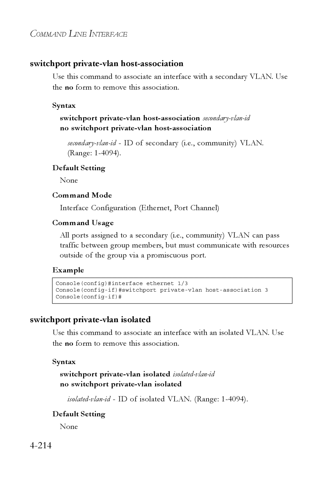 SMC Networks SMC6752AL2 manual 214, Switchport private-vlan host-association, Switchport private-vlan isolated 