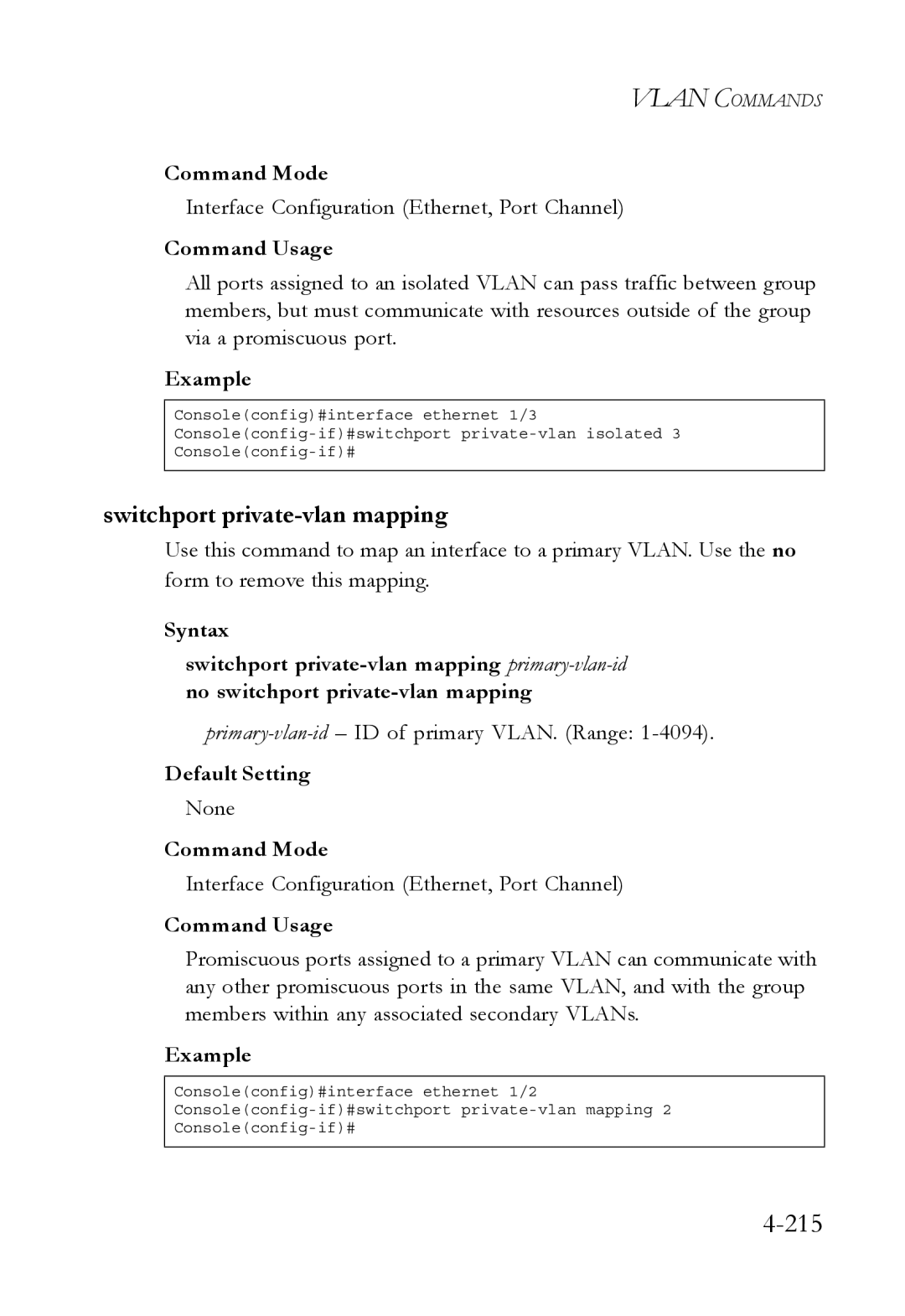 SMC Networks SMC6752AL2 manual 215, Switchport private-vlan mapping, Primary-vlan-id- ID of primary VLAN. Range 