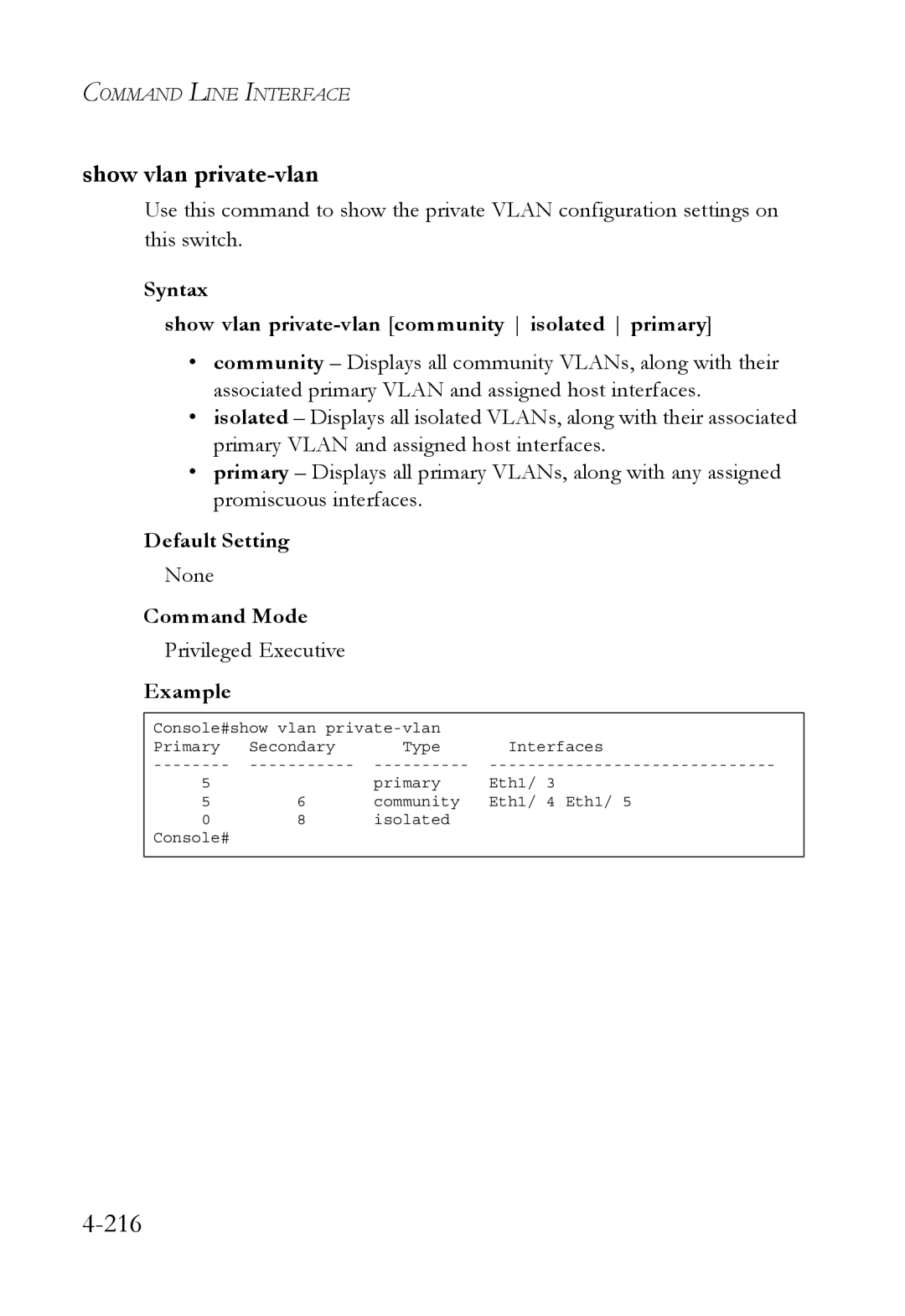 SMC Networks SMC6752AL2 manual 216, Syntax Show vlan private-vlan community isolated primary 