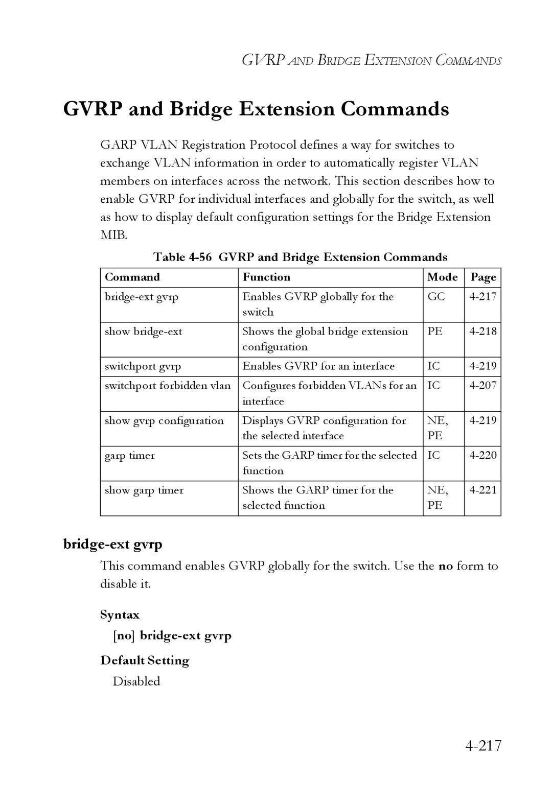 SMC Networks SMC6752AL2 manual Gvrp and Bridge Extension Commands, 217, Bridge-ext gvrp 