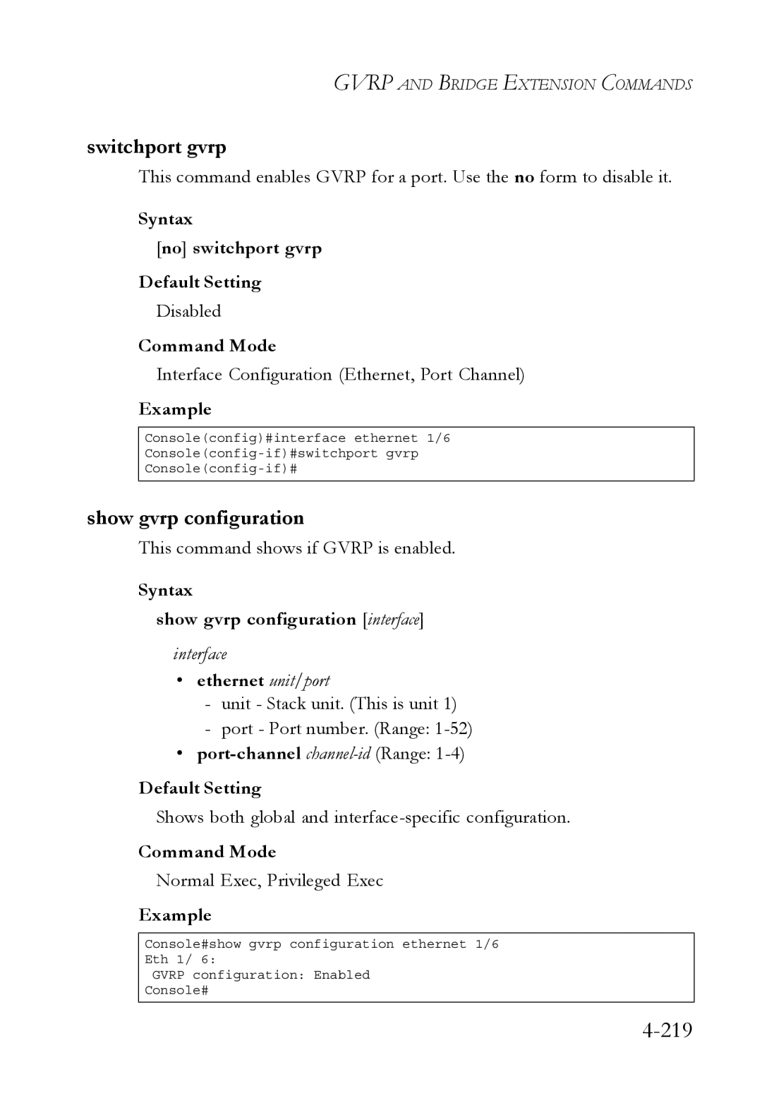 SMC Networks SMC6752AL2 manual 219, Switchport gvrp, Show gvrp configuration, Syntax No switchport gvrp Default Setting 