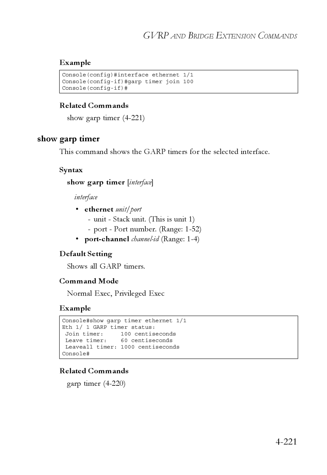 SMC Networks SMC6752AL2 manual 221, Syntax Show garp timer interface, Shows all Garp timers 