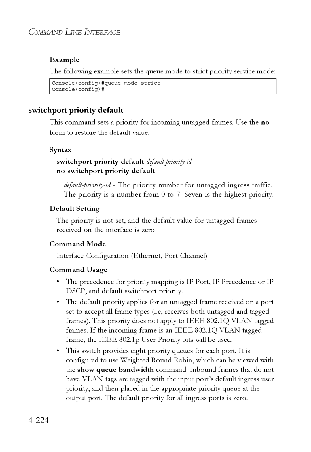 SMC Networks SMC6752AL2 manual 224, Switchport priority default 