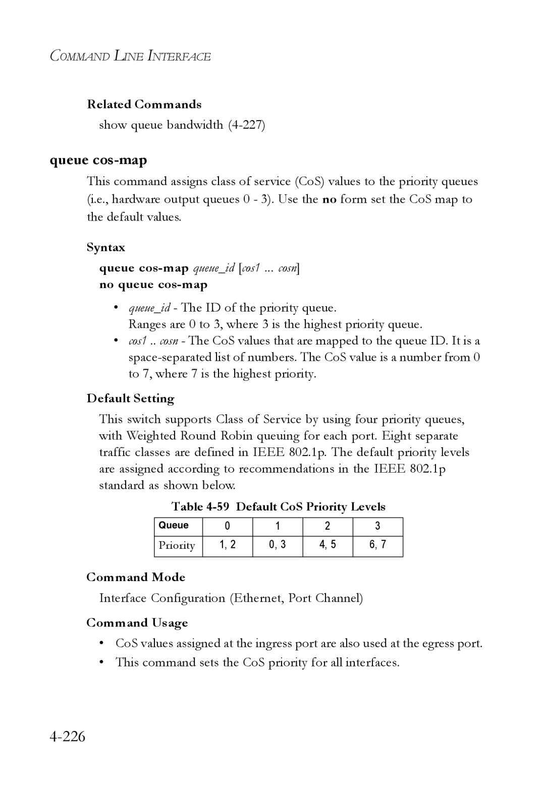 SMC Networks SMC6752AL2 manual 226, Queue cos-map, Default CoS Priority Levels 