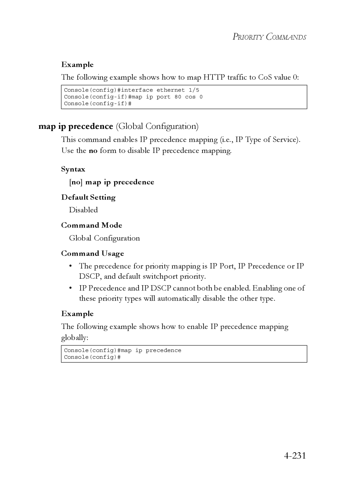 SMC Networks SMC6752AL2 manual 231, Syntax No map ip precedence Default Setting 