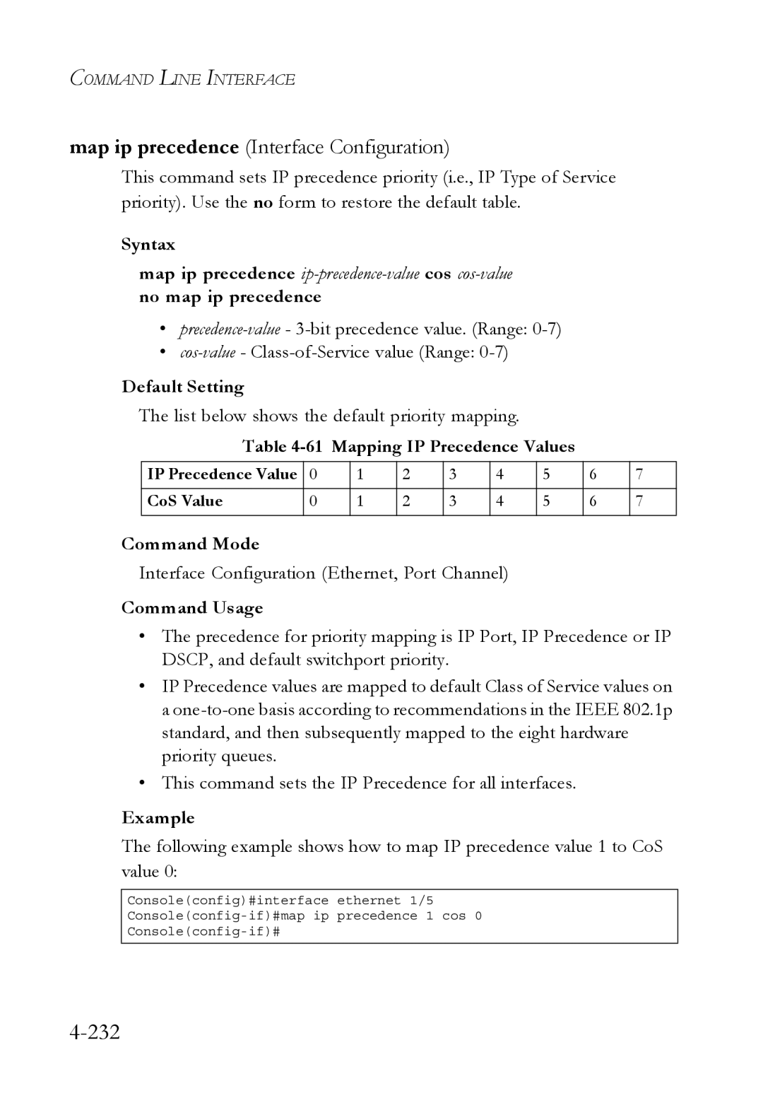 SMC Networks SMC6752AL2 manual 232, List below shows the default priority mapping, Mapping IP Precedence Values 