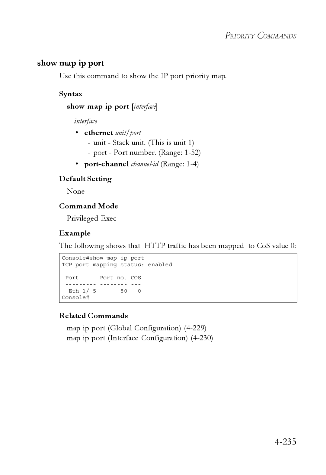 SMC Networks SMC6752AL2 manual 235, Show map ip port, Use this command to show the IP port priority map 