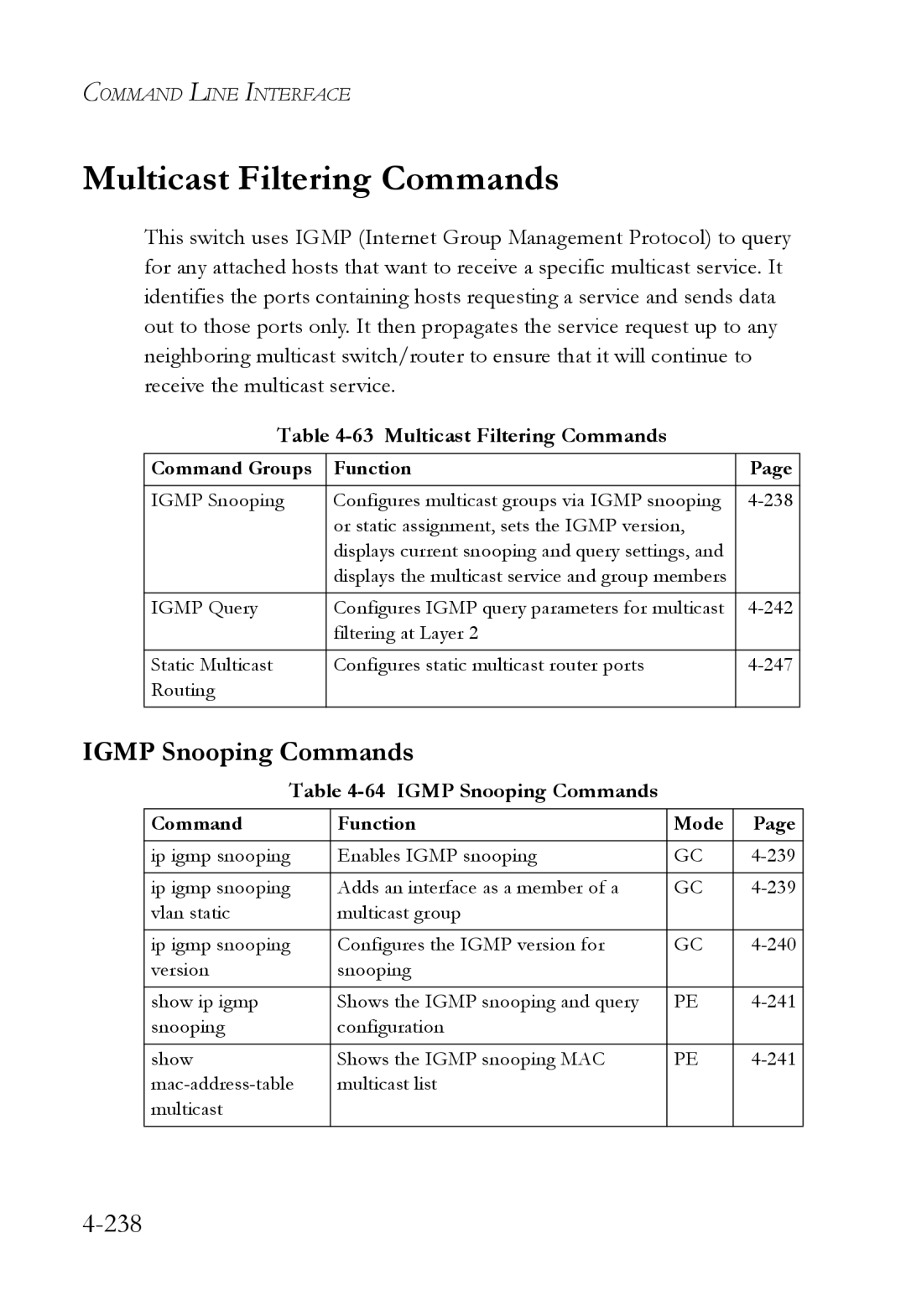 SMC Networks SMC6752AL2 manual Multicast Filtering Commands, Igmp Snooping Commands, 238 