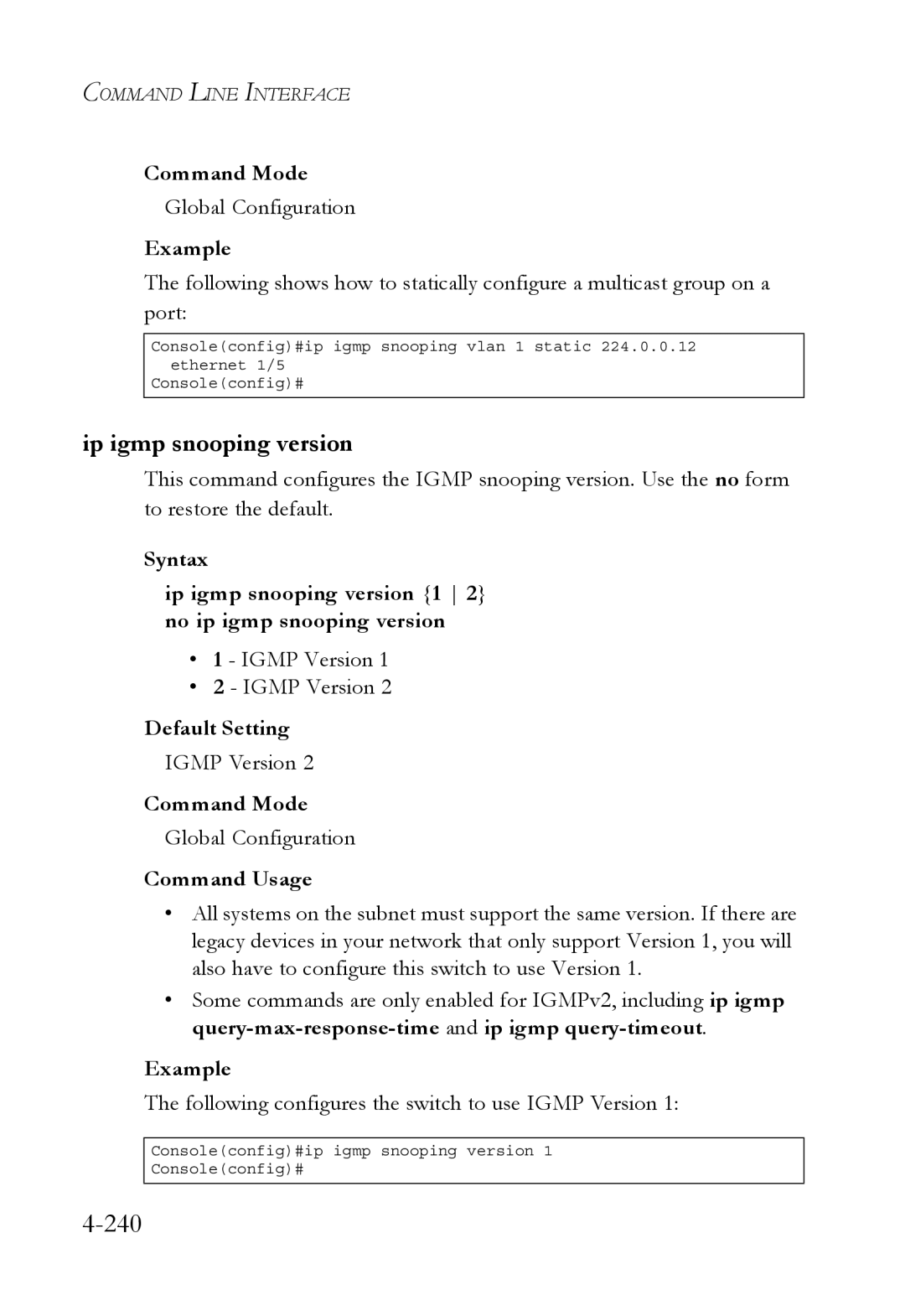 SMC Networks SMC6752AL2 manual 240, Ip igmp snooping version, Following configures the switch to use Igmp Version 