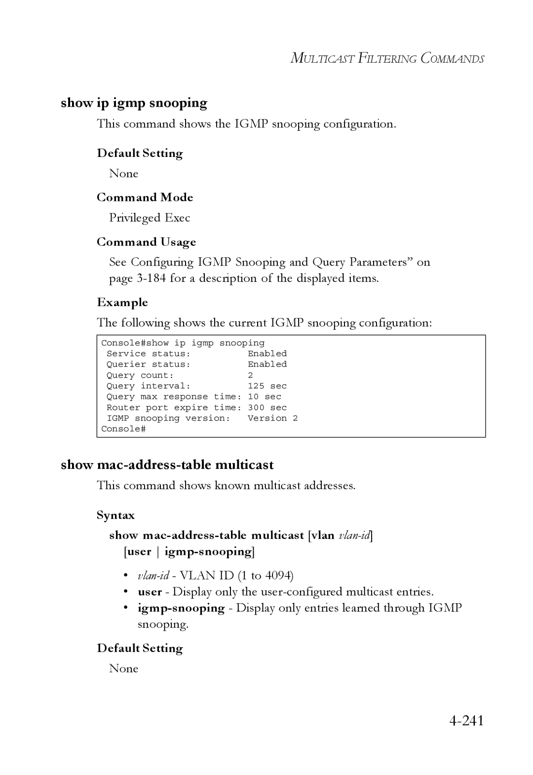 SMC Networks SMC6752AL2 manual 241, Show ip igmp snooping, Show mac-address-table multicast 