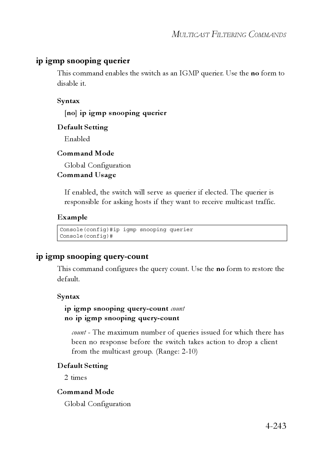 SMC Networks SMC6752AL2 manual 243, Ip igmp snooping querier, Ip igmp snooping query-count, Times 