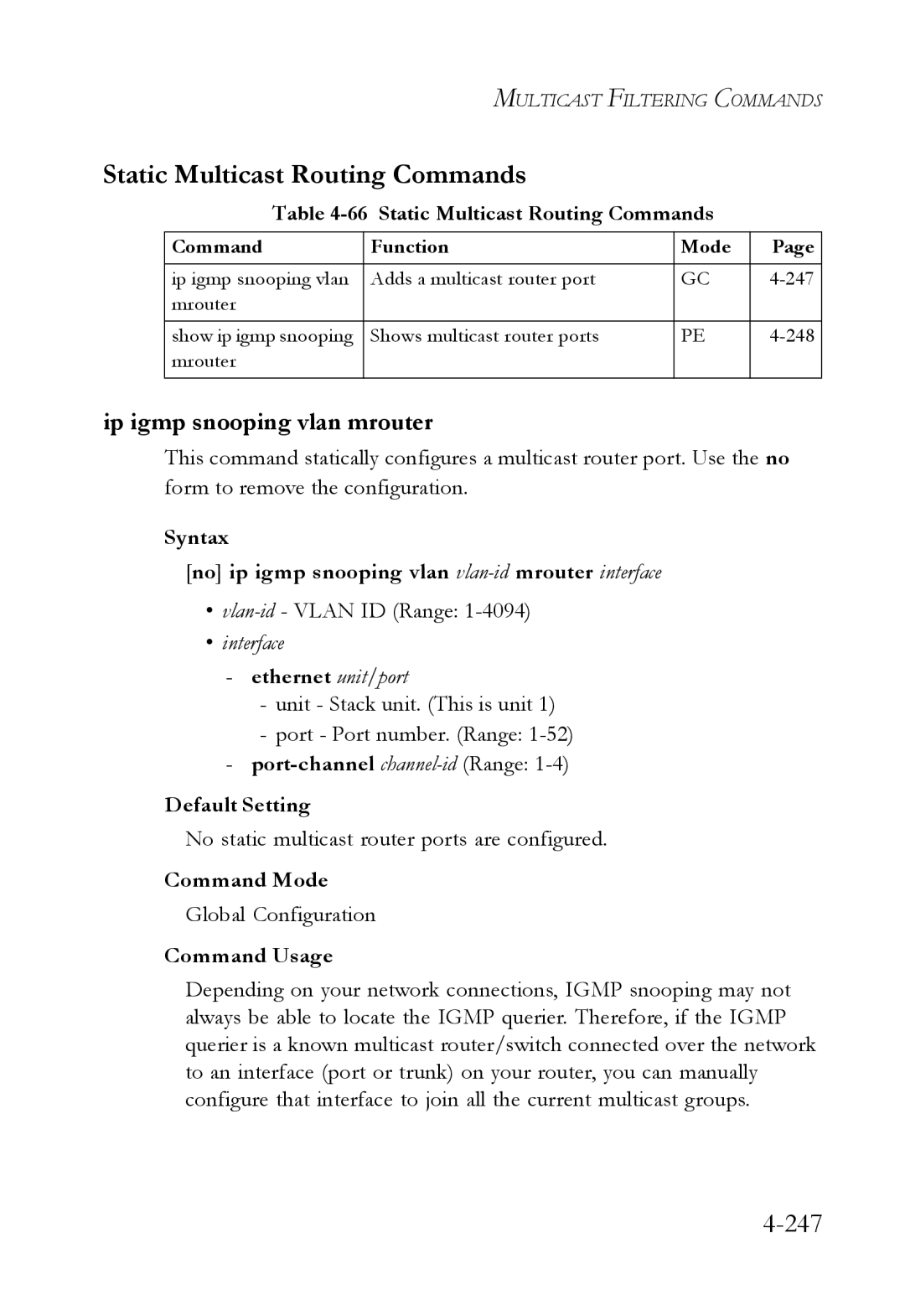 SMC Networks SMC6752AL2 manual Static Multicast Routing Commands, 247, Ip igmp snooping vlan mrouter 