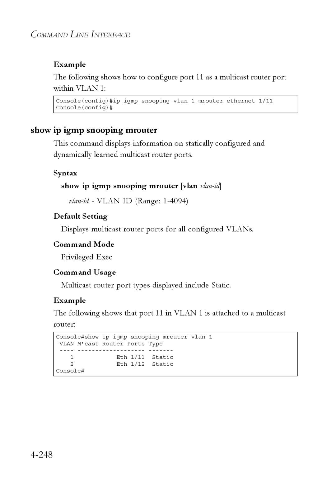 SMC Networks SMC6752AL2 manual 248, Syntax Show ip igmp snooping mrouter vlan vlan-id 