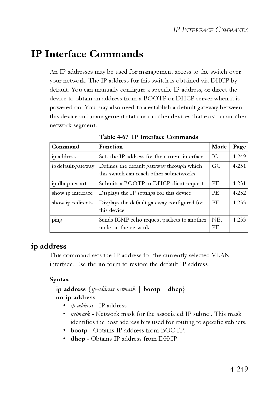 SMC Networks SMC6752AL2 manual IP Interface Commands, Ip address, 249 