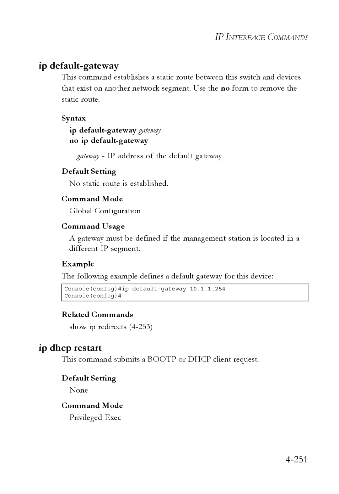 SMC Networks SMC6752AL2 manual Ip dhcp restart, 251, Syntax Ip default-gateway gateway no ip default-gateway 