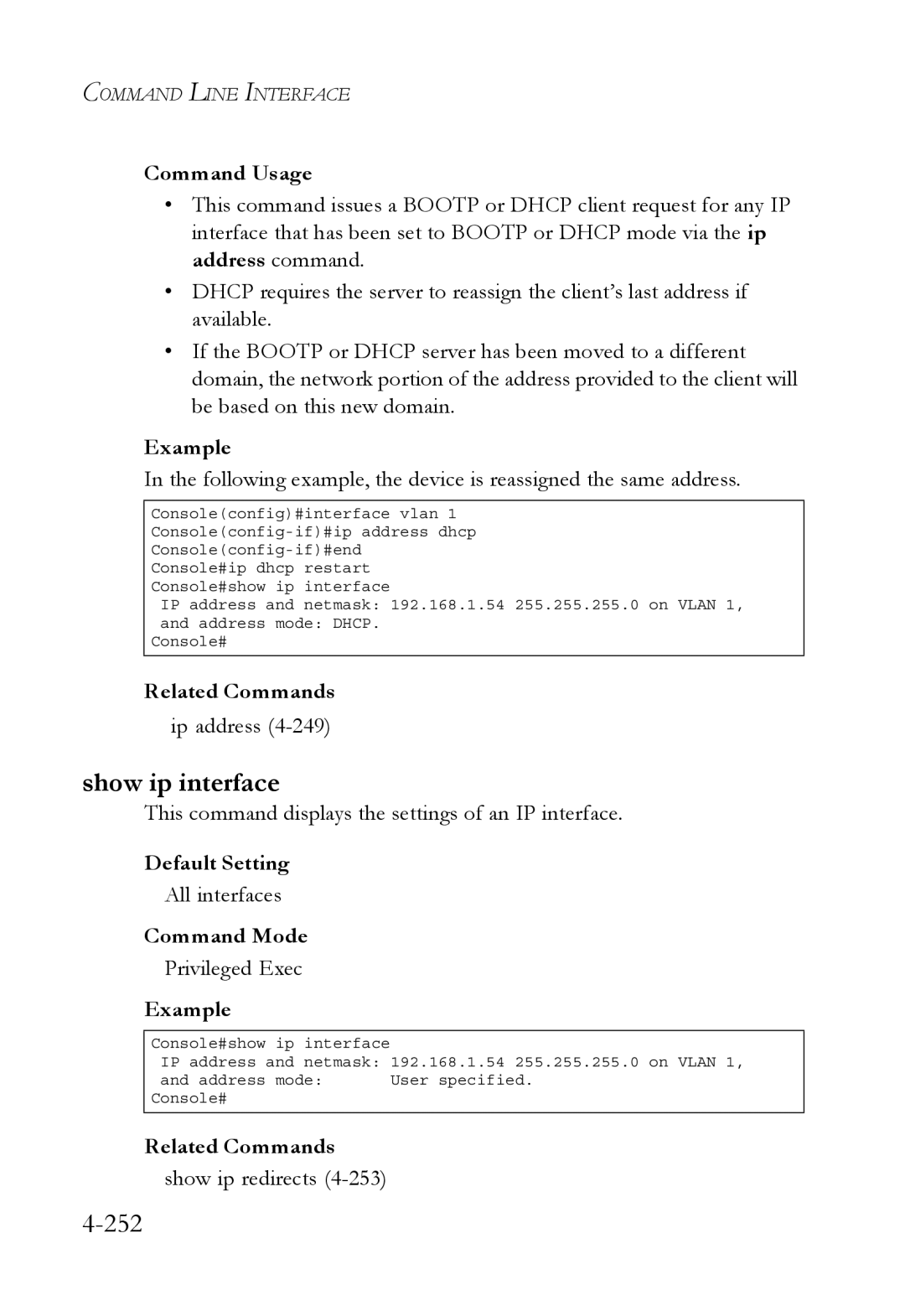 SMC Networks SMC6752AL2 Show ip interface, 252, This command displays the settings of an IP interface, All interfaces 