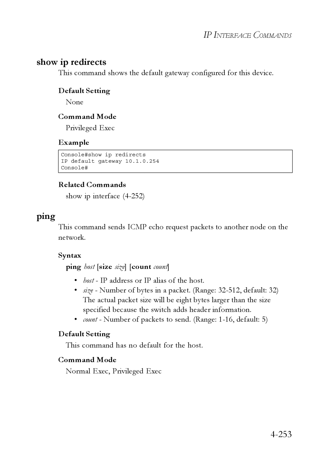 SMC Networks SMC6752AL2 manual Show ip redirects, 253, Syntax Ping host size size count count 