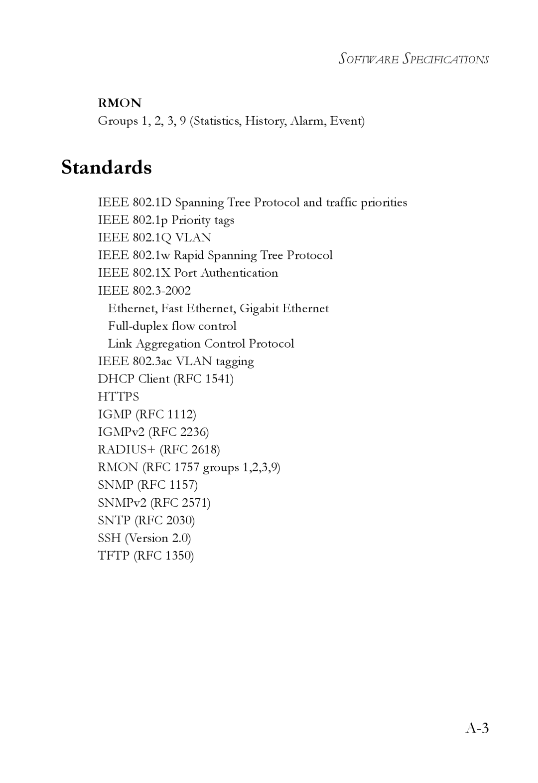 SMC Networks SMC6752AL2 manual Standards, Groups 1, 2, 3, 9 Statistics, History, Alarm, Event 