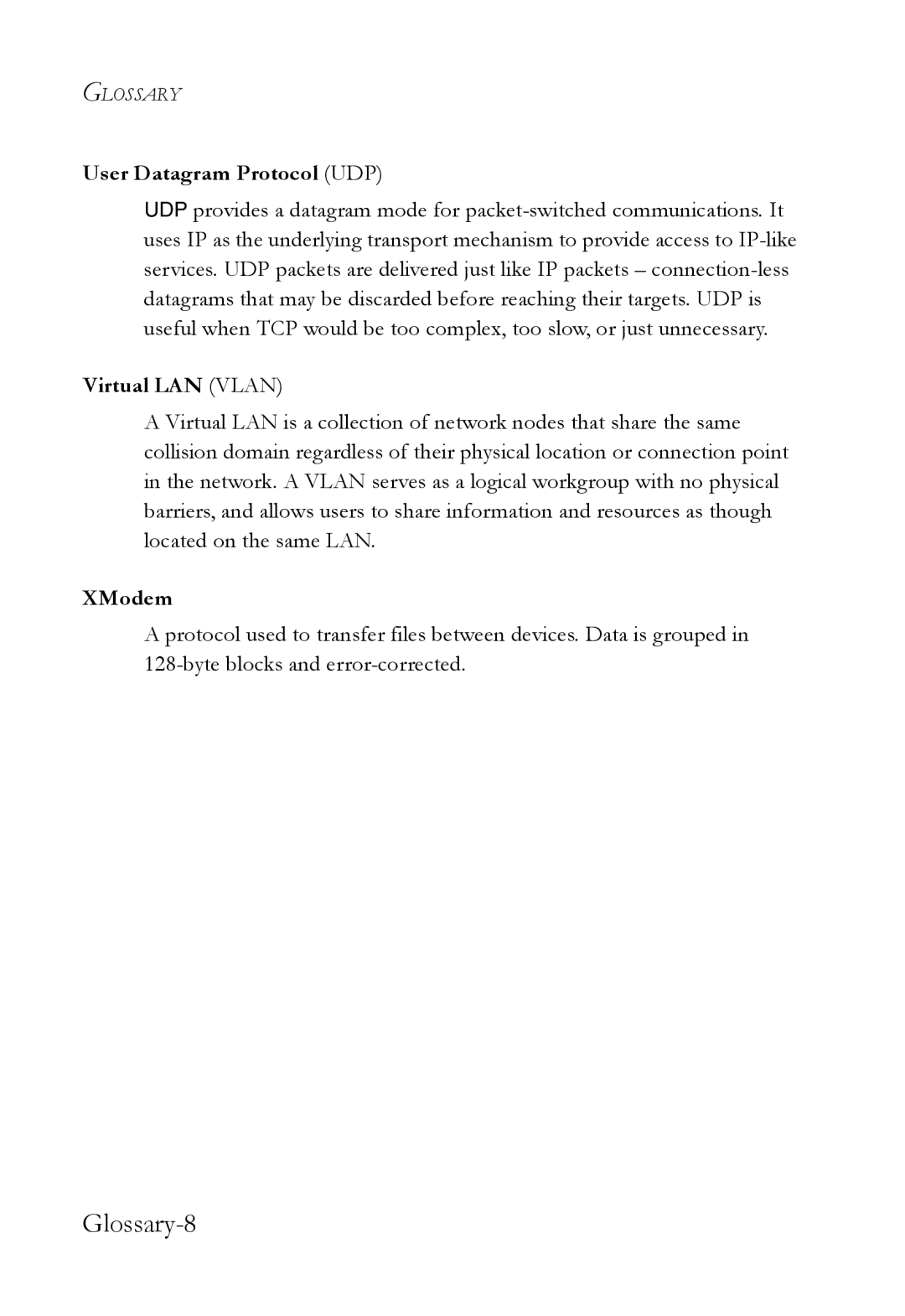 SMC Networks SMC6752AL2 manual Glossary-8, User Datagram Protocol UDP, Virtual LAN Vlan, XModem 