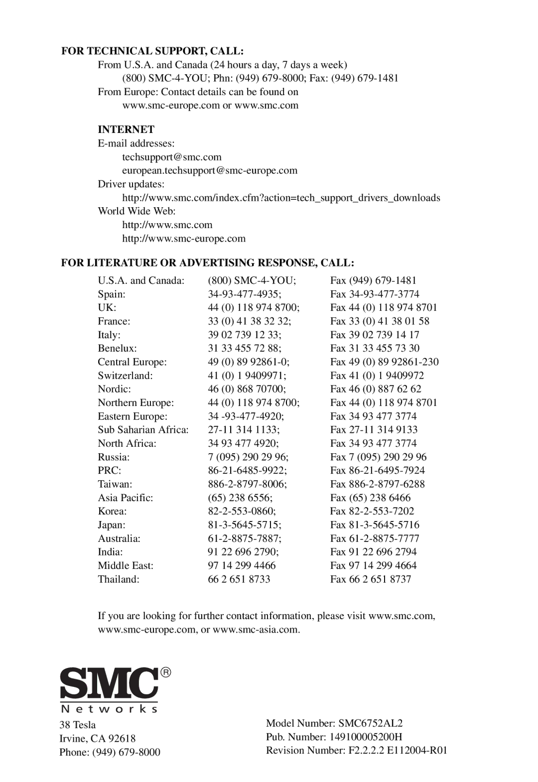 SMC Networks SMC6752AL2 manual For Technical SUPPORT, Call 