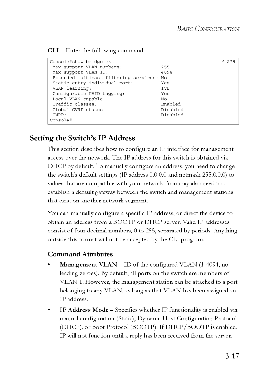 SMC Networks SMC6752AL2 manual Setting the Switch’s IP Address, Command Attributes, CLI Enter the following command 