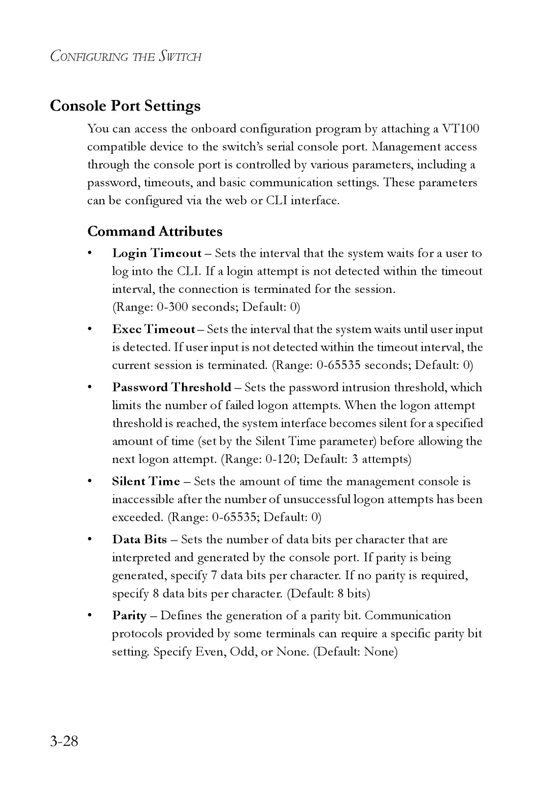 SMC Networks SMC6752AL2 manual Console Port Settings, Command Attributes 