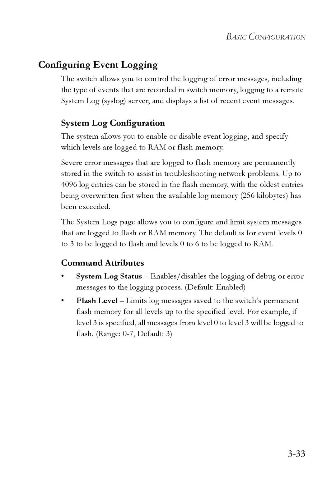 SMC Networks SMC6752AL2 manual Configuring Event Logging, System Log Configuration 