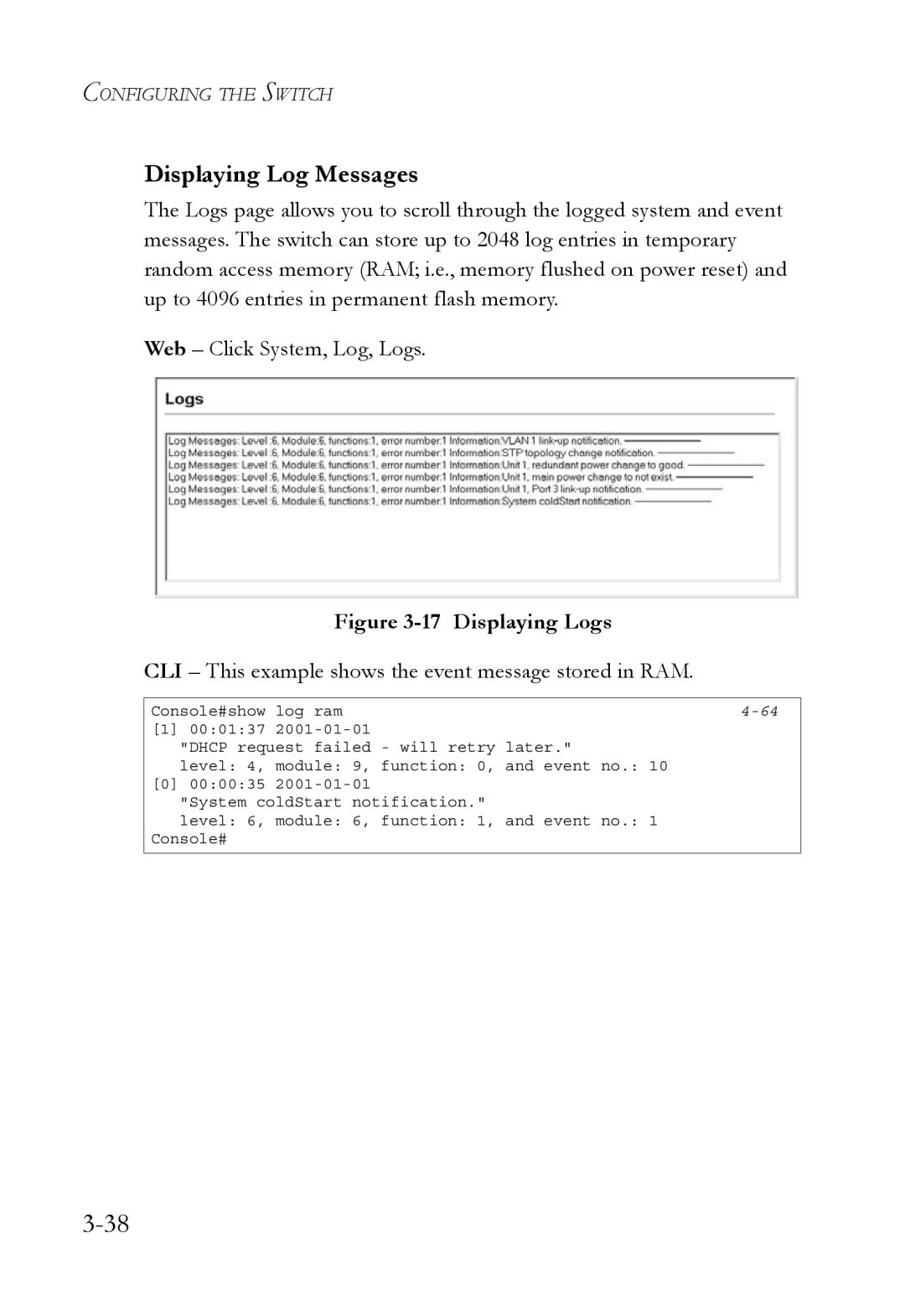 SMC Networks SMC6752AL2 manual Displaying Log Messages, CLI This example shows the event message stored in RAM 