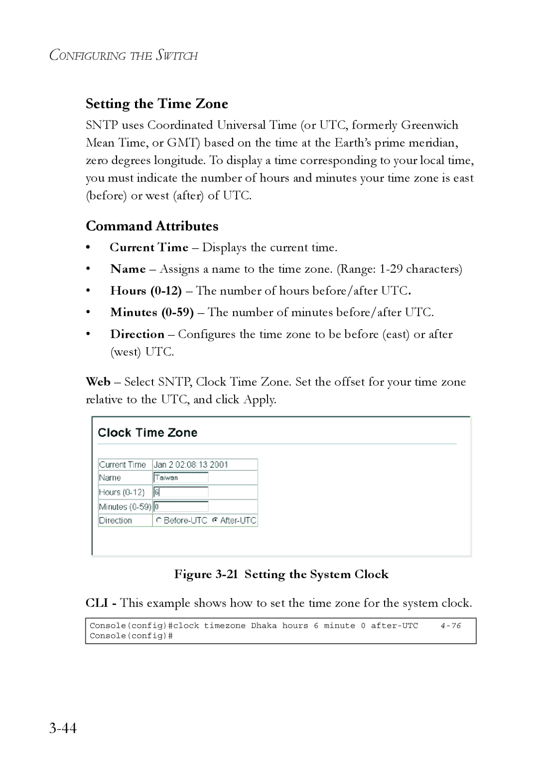 SMC Networks SMC6752AL2 manual Setting the Time Zone, Setting the System Clock 