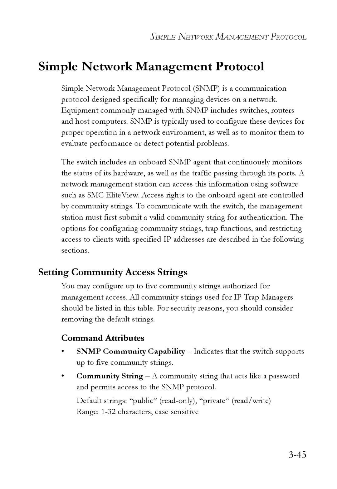 SMC Networks SMC6752AL2 manual Simple Network Management Protocol, Setting Community Access Strings 