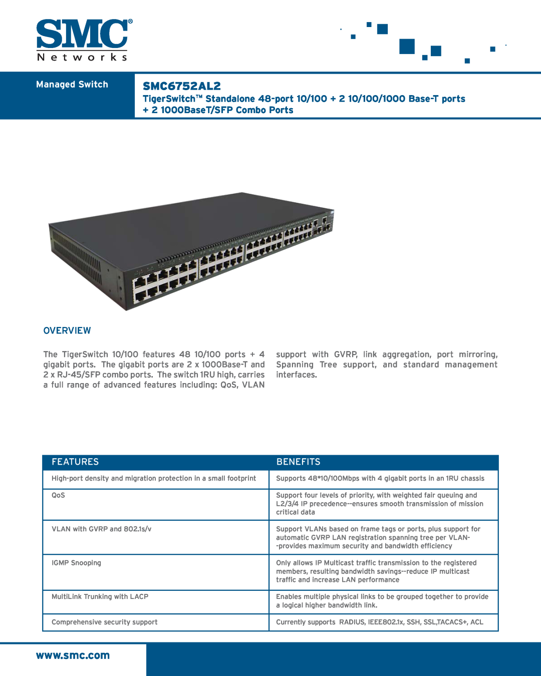 SMC Networks SMC6752AL2 manual Managed Switch, TigerSwitchTM Standalone 48-port 10/100 + 2 10/100/1000 Base-T ports 