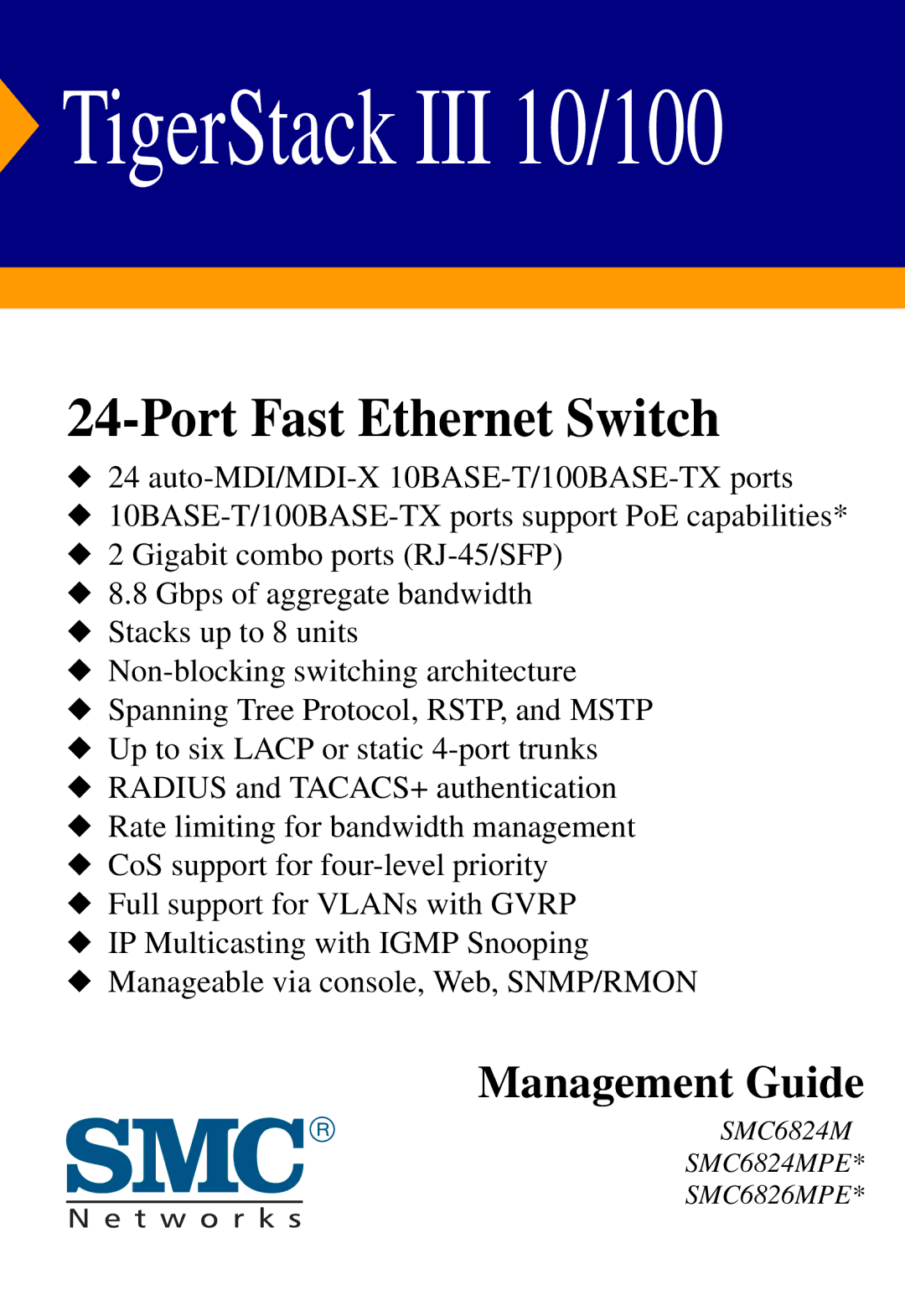 SMC Networks SMC6824M manual TigerStack III 10/100 