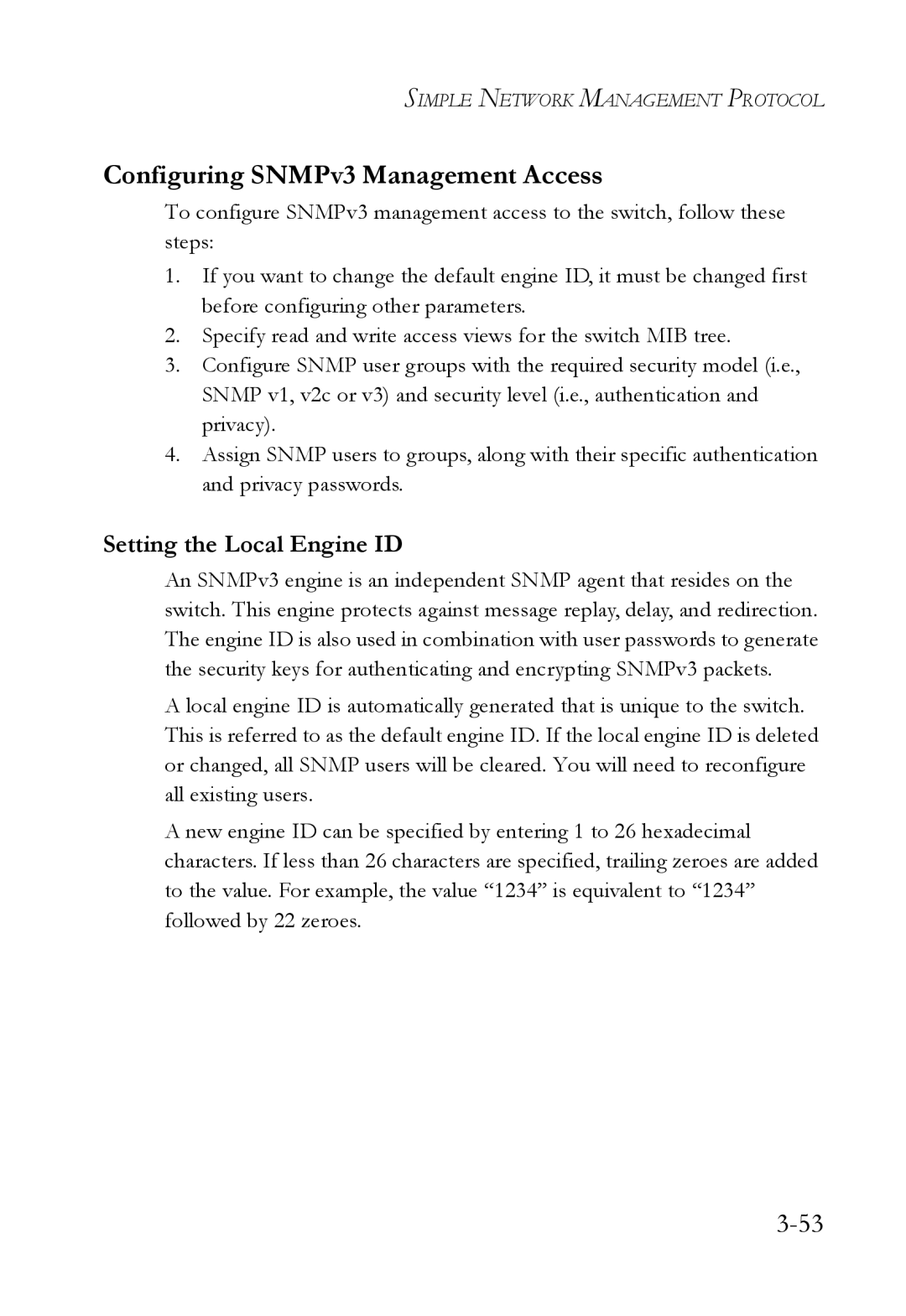 SMC Networks SMC6824M manual Configuring SNMPv3 Management Access, Setting the Local Engine ID 