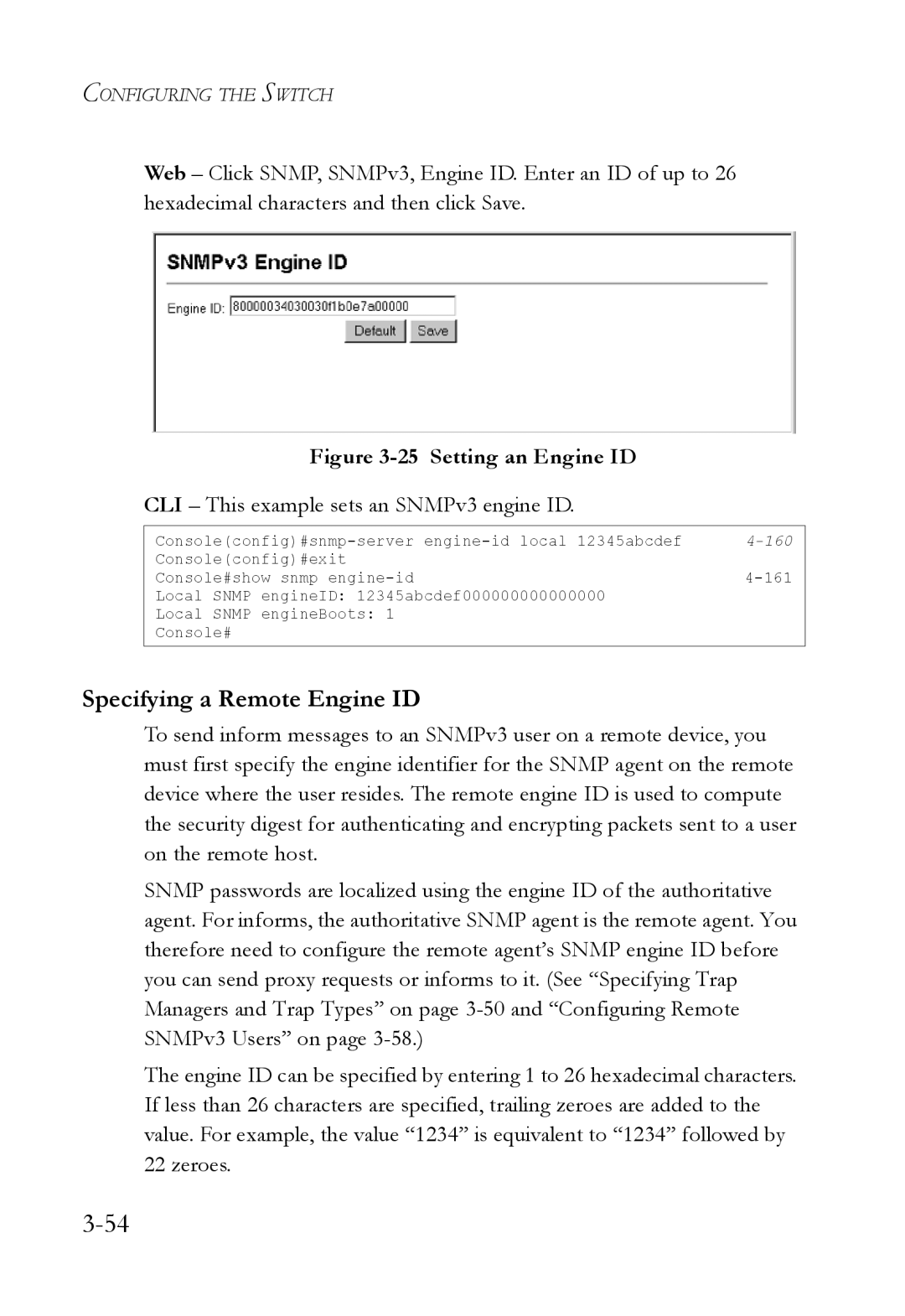 SMC Networks SMC6824M manual Specifying a Remote Engine ID, CLI This example sets an SNMPv3 engine ID 