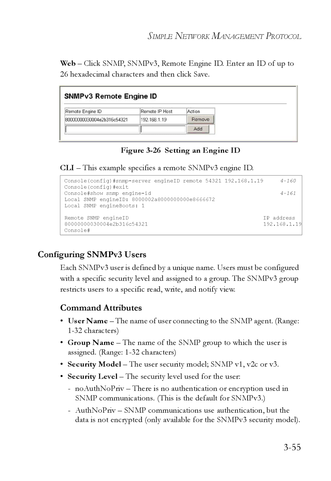 SMC Networks SMC6824M manual Configuring SNMPv3 Users, CLI This example specifies a remote SNMPv3 engine ID 