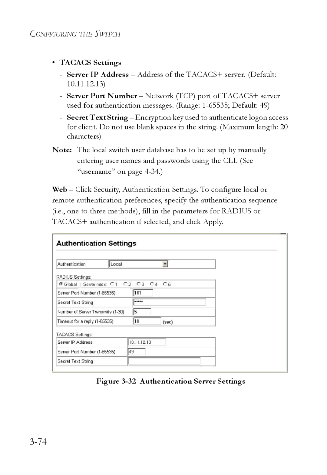 SMC Networks SMC6824M manual Tacacs Settings, Authentication Server Settings 