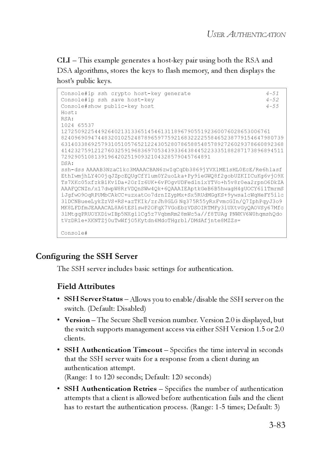 SMC Networks SMC6824M manual Configuring the SSH Server, SSH server includes basic settings for authentication 